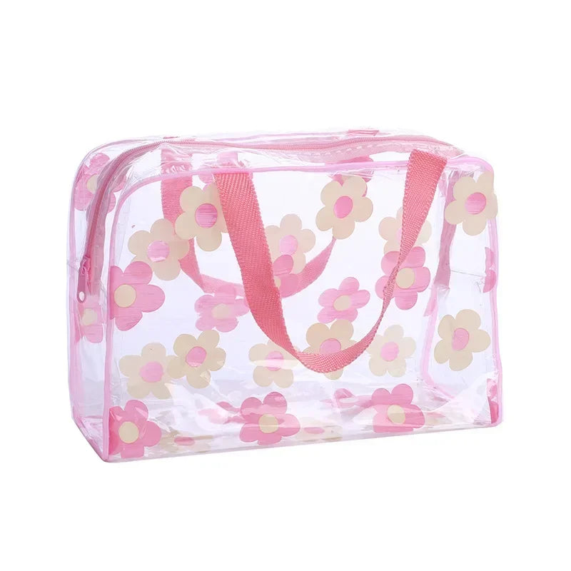 Bolsas de maquiagem transparentes de PVC, bolsa de cosméticos portátil, floral, à prova d'água, para viagem, para lavagem de artigos de higiene pessoal, para banho, bolsas de armazenamento